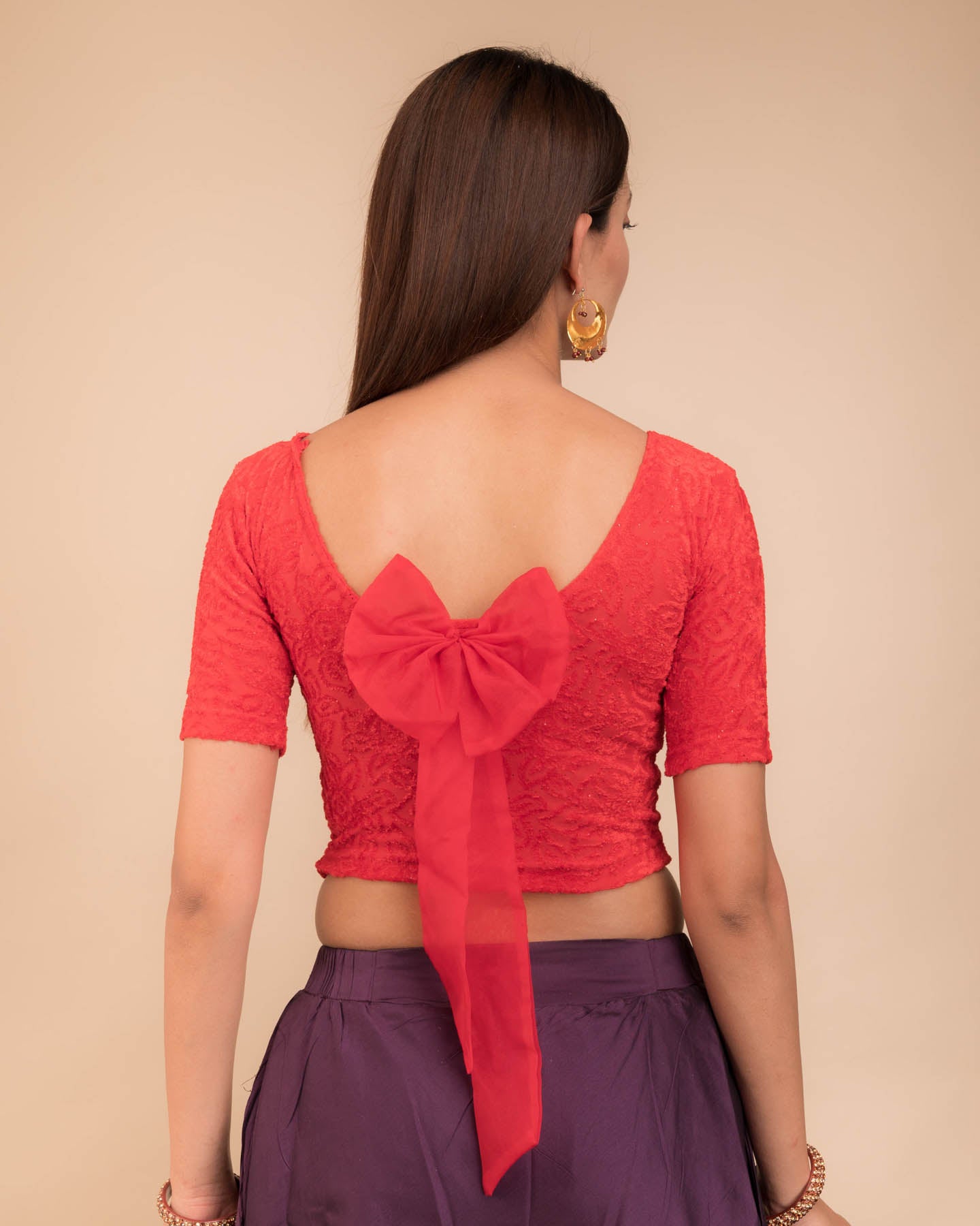 Gulshan Red Embellished Velvet Blouse with Organza Potli Bows by Advi