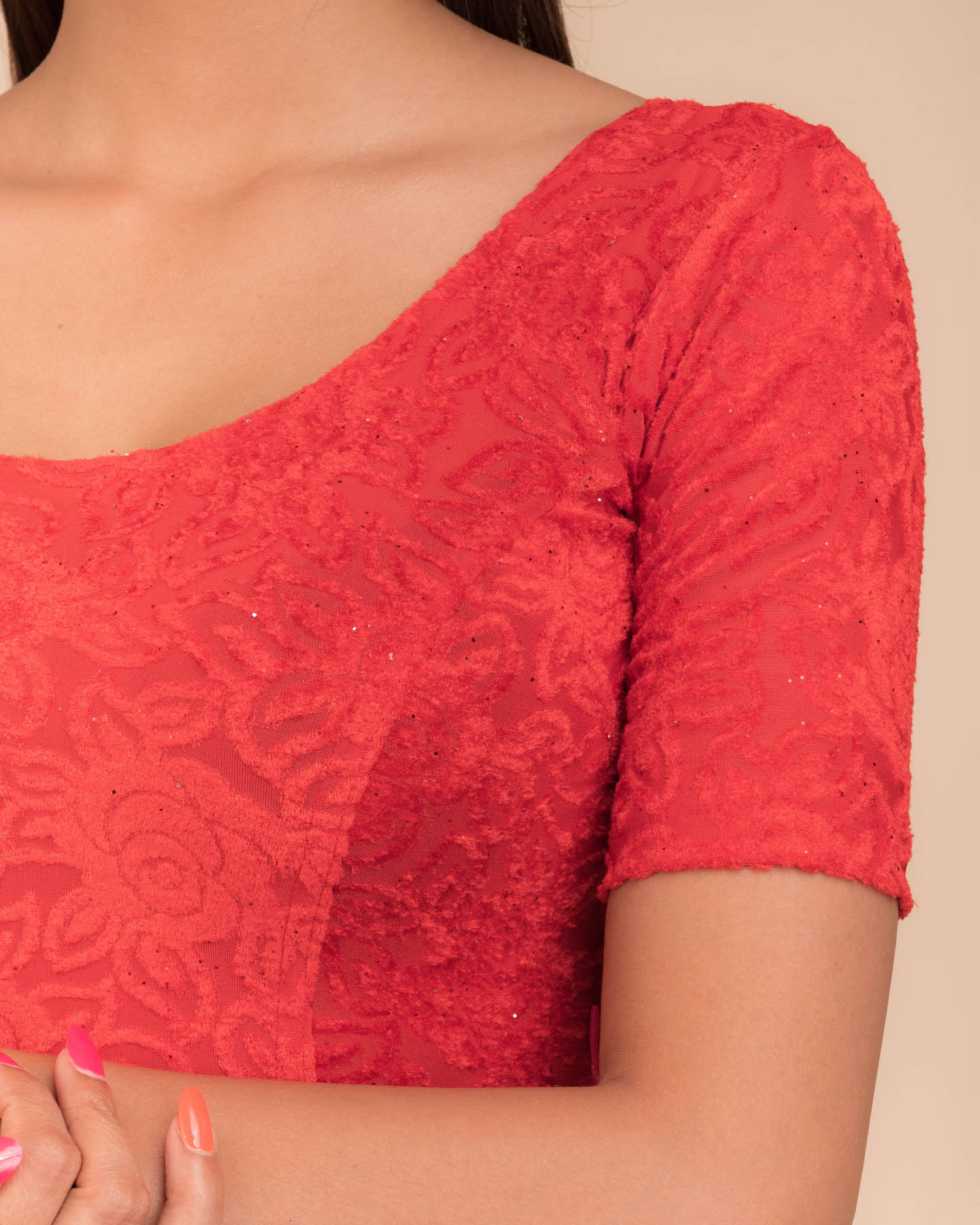 Gulshan Red Embellished Velvet Blouse with Organza Potli Bows by Advi