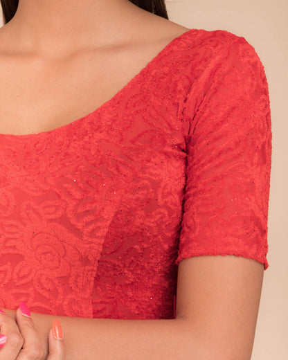 Gulshan Red Embellished Velvet Blouse with Organza Potli Bows by Advi