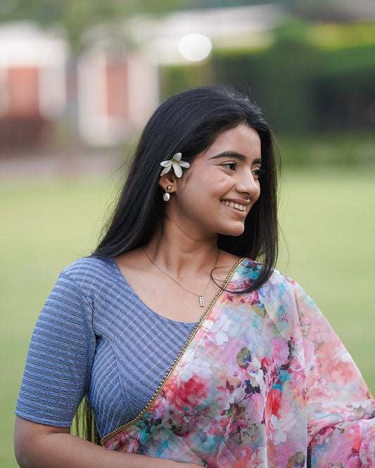 Amba Steel Blue Jacquard Blouse with Zari Stripes and Zig Zag by Advi