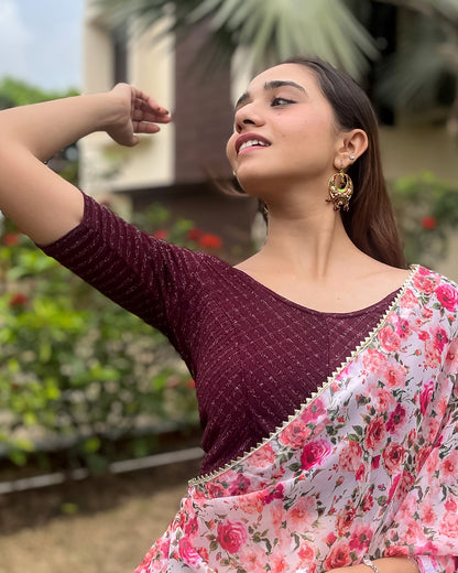 Model pairing the blouse with a saree for a bold, festive look
