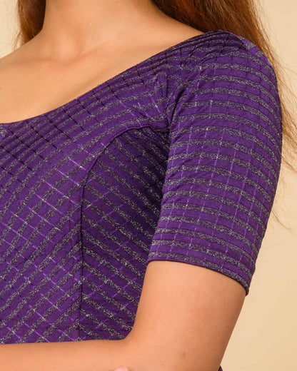 Amba Deep Purple Jacquard Blouse with Zari Stripes and Zig Zag by Advi