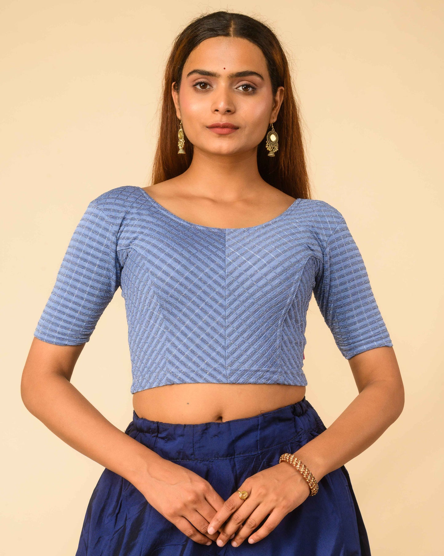 Amba Steel Blue Jacquard Blouse with Zari Stripes and Zig Zag by Advi