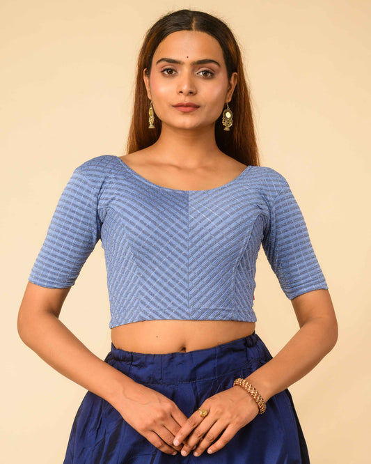Amba Steel Blue Jacquard Blouse with Zari Stripes and Zig Zag by Advi