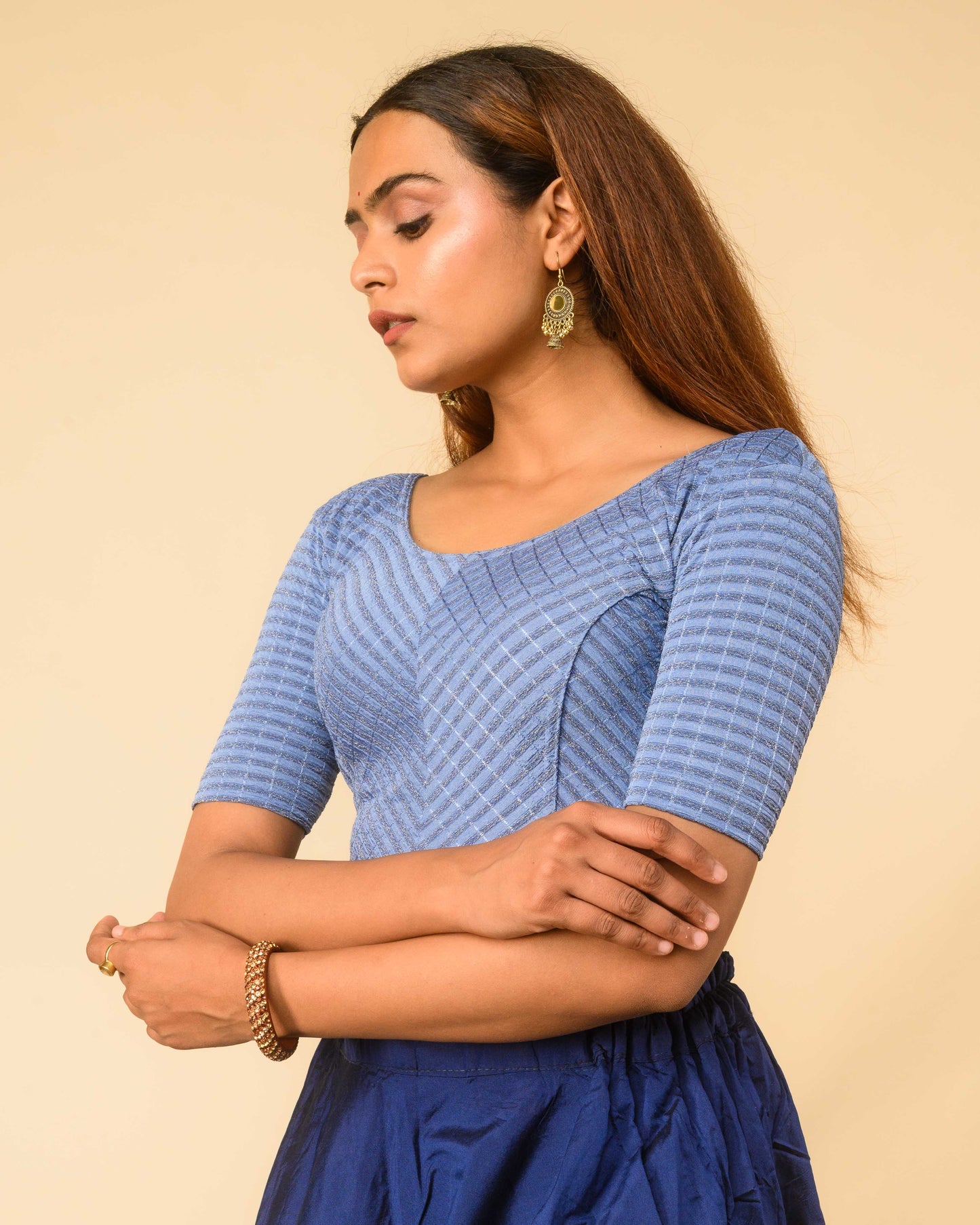 Amba Steel Blue Jacquard Blouse with Zari Stripes and Zig Zag by Advi