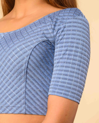Amba Steel Blue Jacquard Blouse with Zari Stripes and Zig Zag by Advi