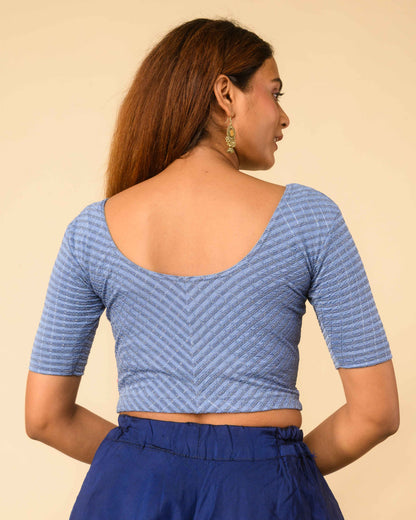 Amba Steel Blue Jacquard Blouse with Zari Stripes and Zig Zag by Advi