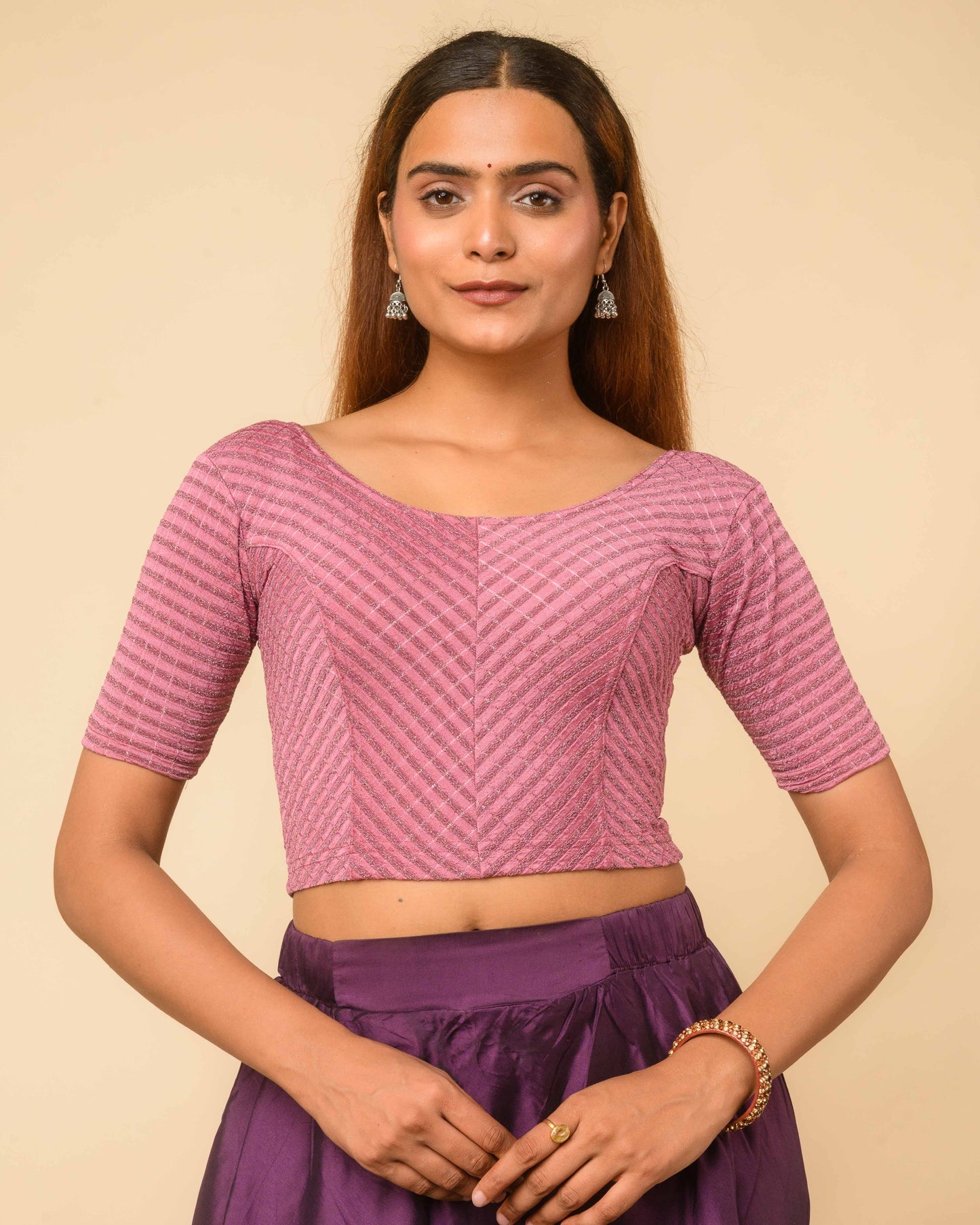 Amba Onion Pink Jacquard Blouse with Zari Stripes and Zig Zag by Advi