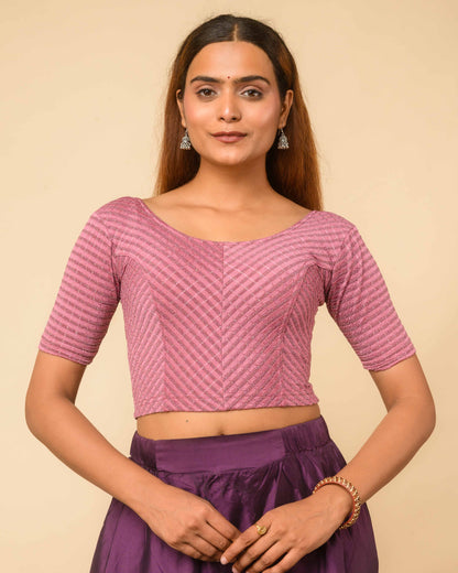 Amba Onion Pink Jacquard Blouse with Zari Stripes and Zig Zag by Advi