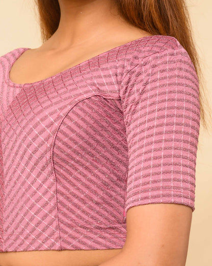 Amba Onion Pink Jacquard Blouse with Zari Stripes and Zig Zag by Advi