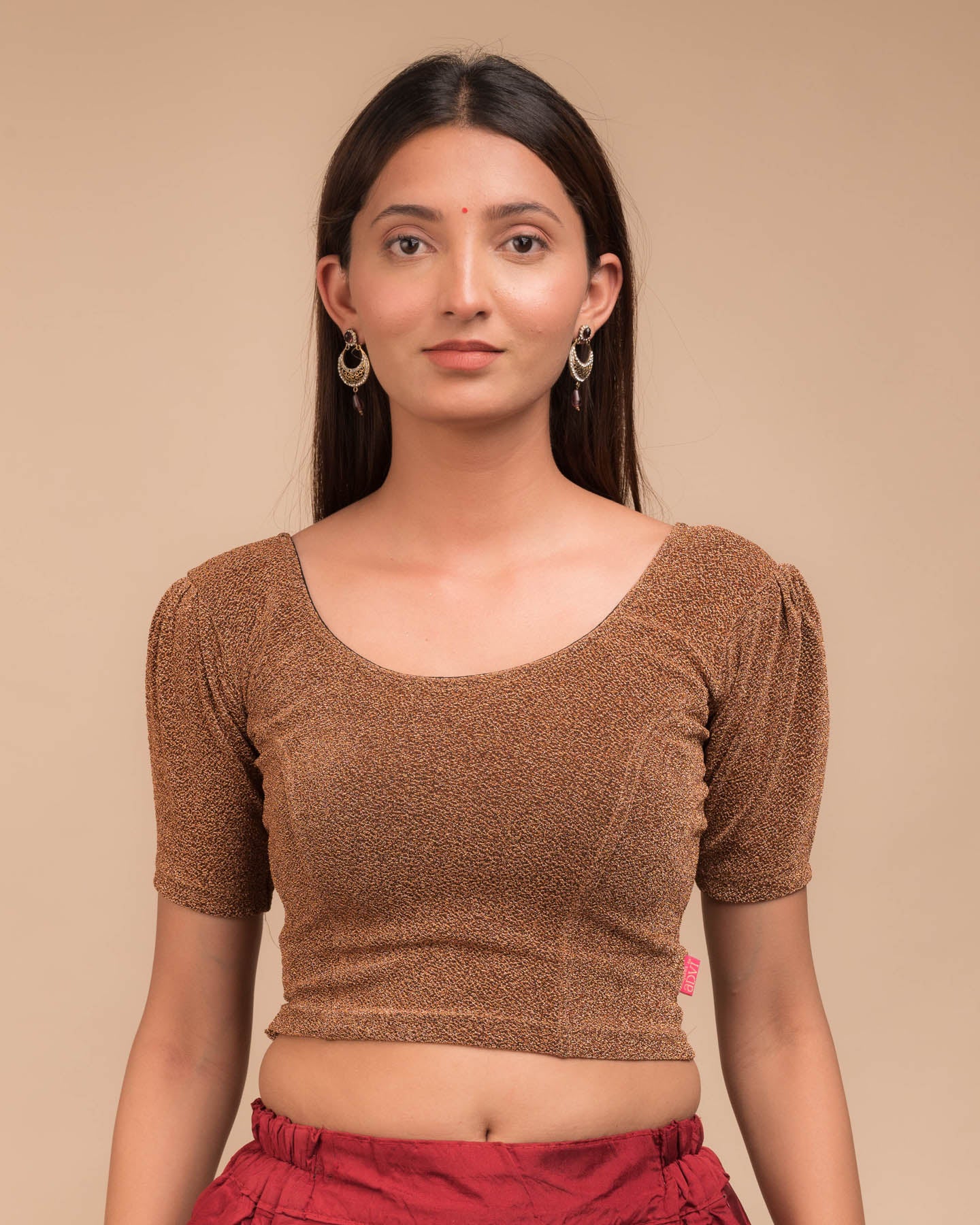 Model wearing a lustrous metallic stretchable blouse with pleated front and round neckline.