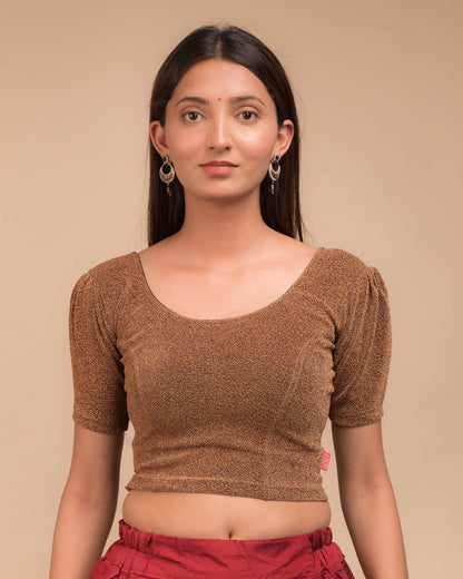 Model wearing a lustrous metallic stretchable blouse with pleated front and round neckline.
