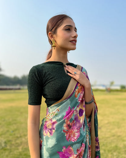 Model pairing the blouse with a saree for a chic festive look.