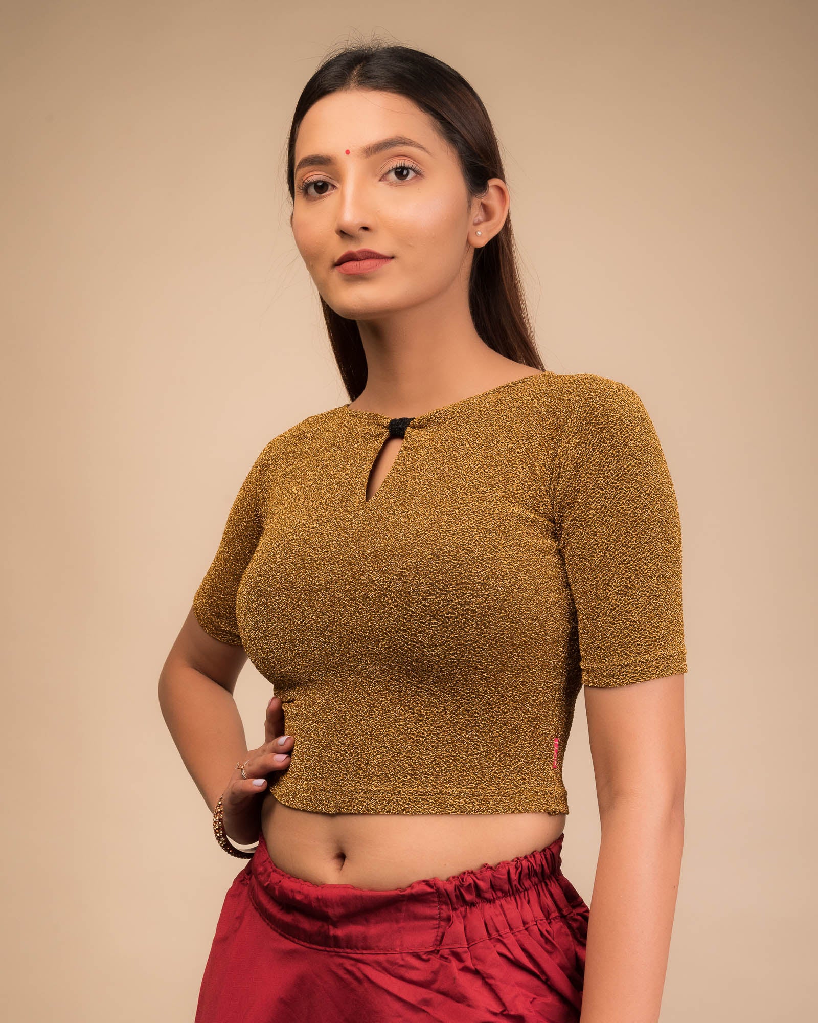 Side profile highlighting the fabric sheen and sleek silhouette