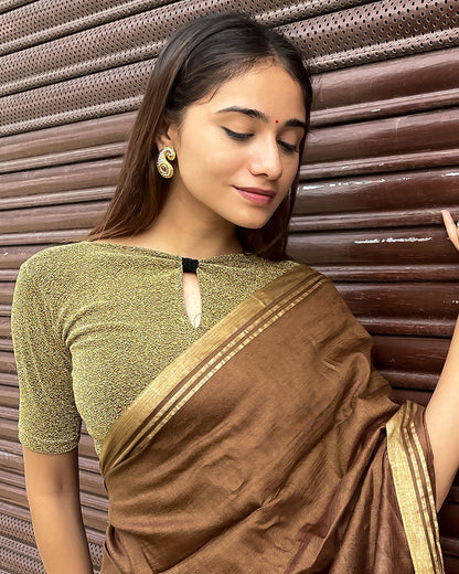 Model pairing the blouse with a saree for a chic festive look.
