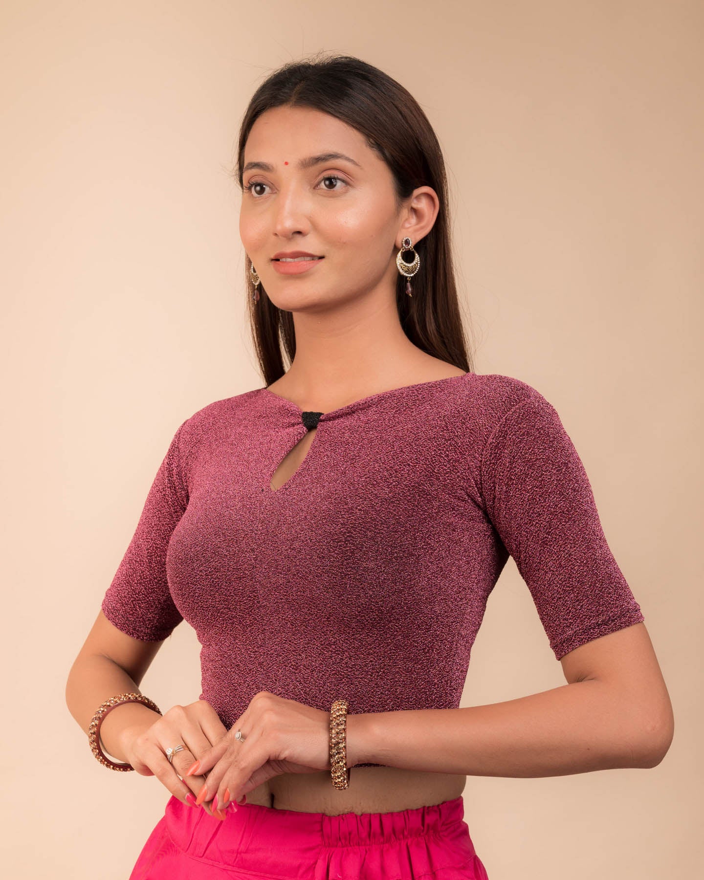 Side profile highlighting the fabric sheen and sleek silhouette