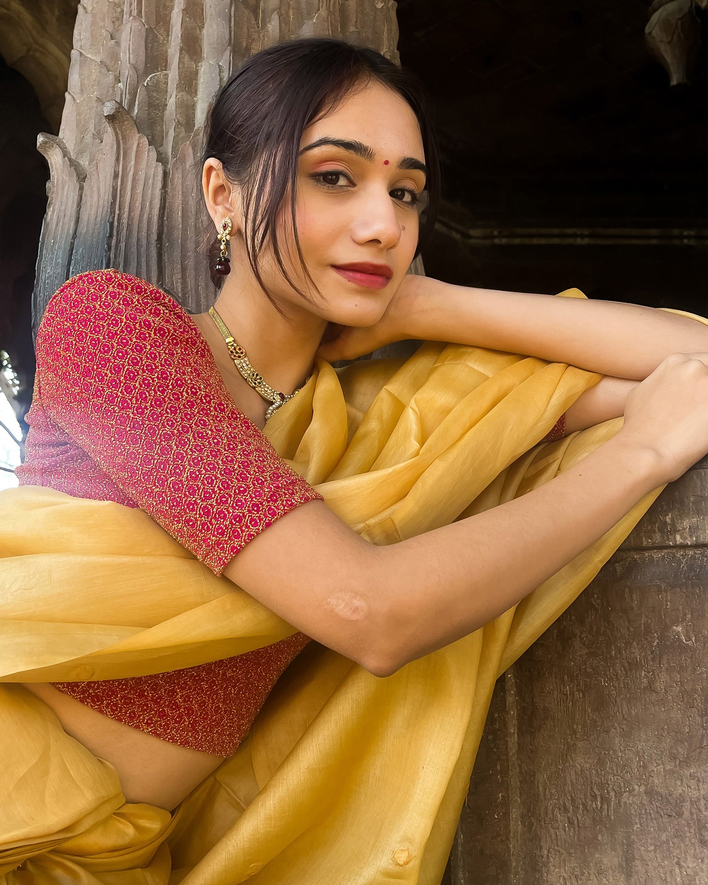 Model pairing the blouse with a luxurious saree for a festive look.