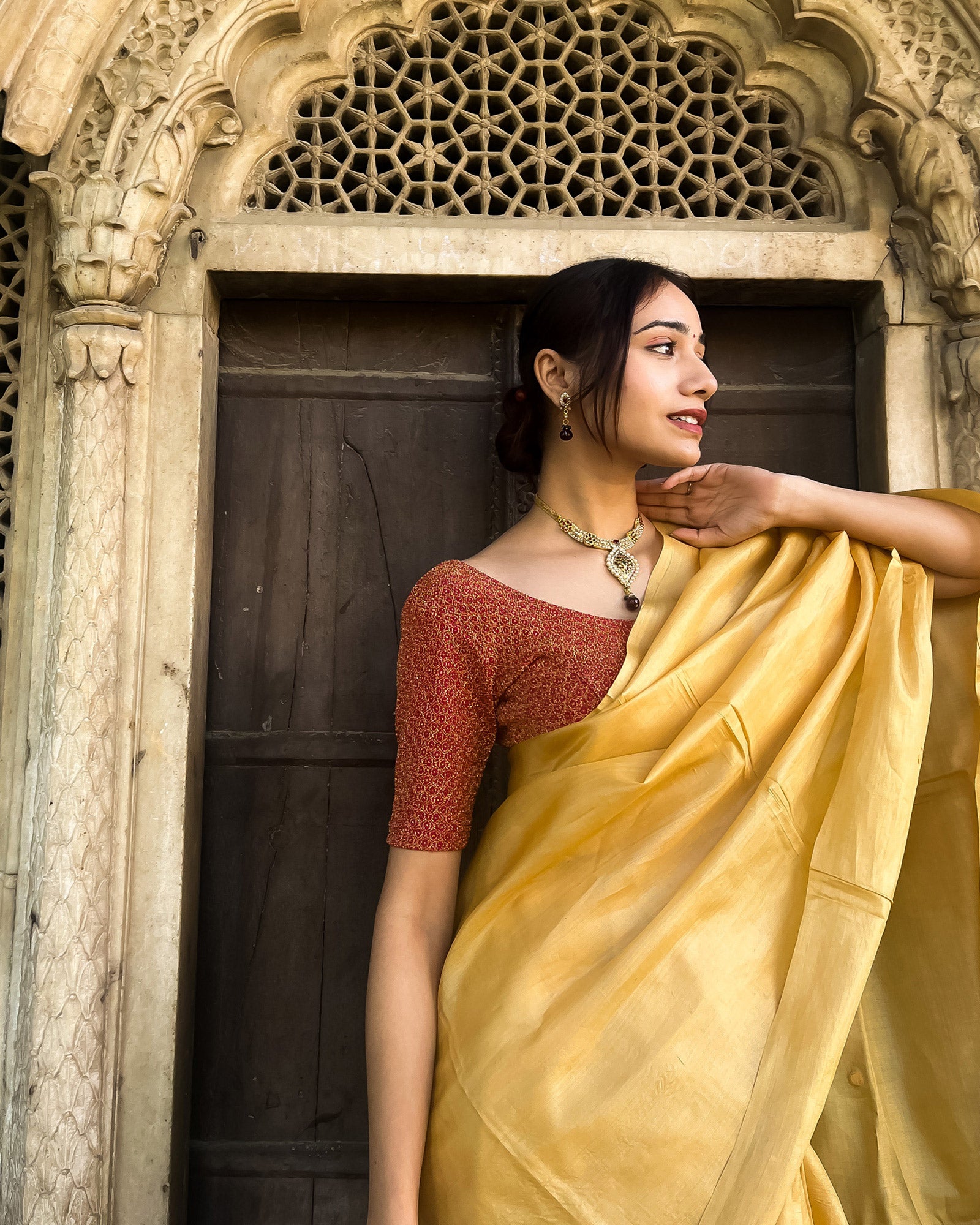 Model pairing the blouse with a luxurious saree for a festive look.