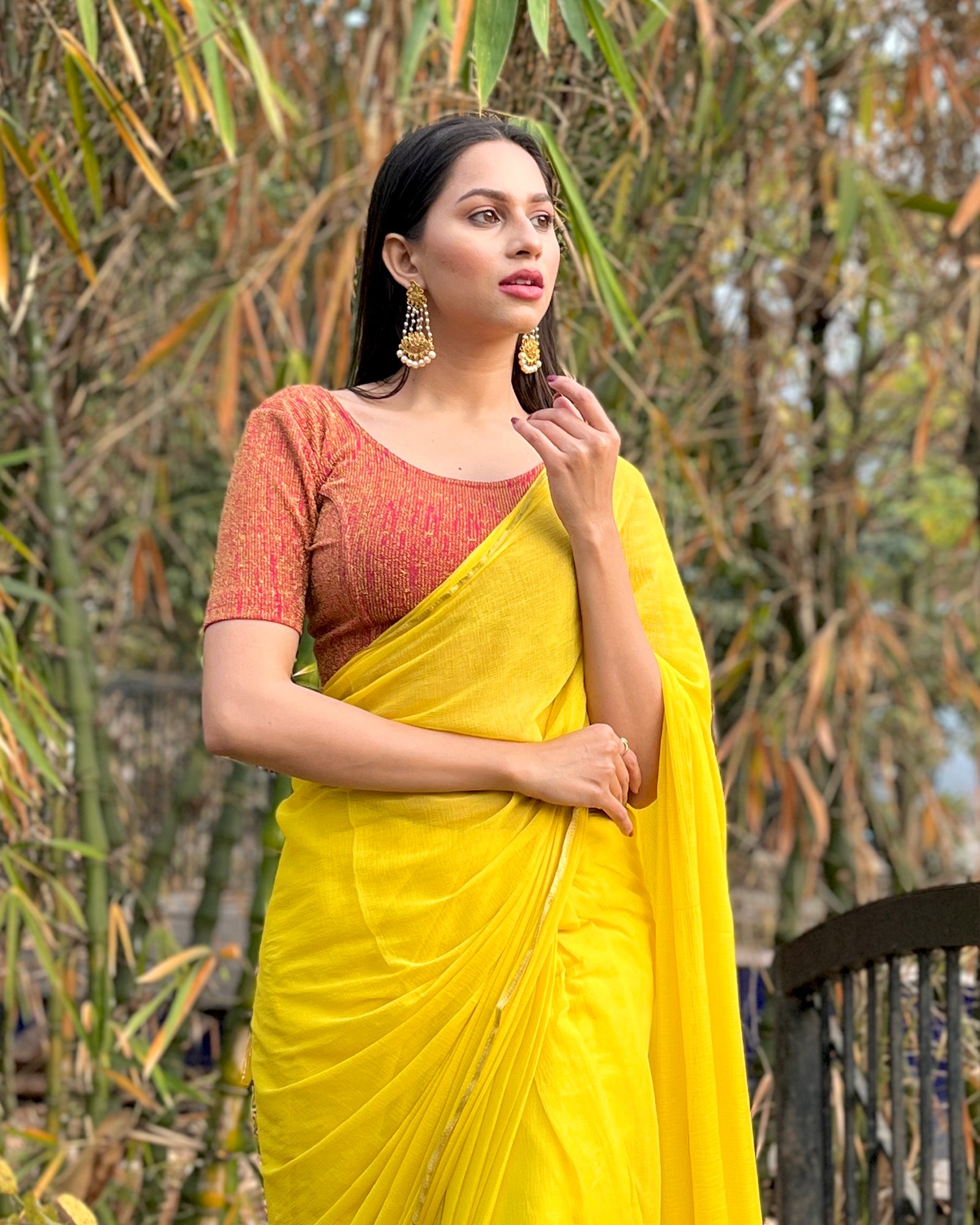 Model pairing the blouse with a festive saree for an elevated ethnic look.