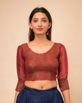 Simi Maroon Gold Check Organza Blouse with Long Cuffed Sleeves by Advi