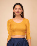 Simi Mustard Gold Checkered Organza Blouse with Long Balloon Sleeves by Advi