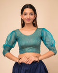 Simi Rama Green Organza Blouse with Gold Checkered Long Sleeves by Advi