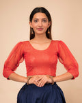 Simi Red Crush Fabric Organza Blouse with Gold Checks and Long Sleeves by Advi