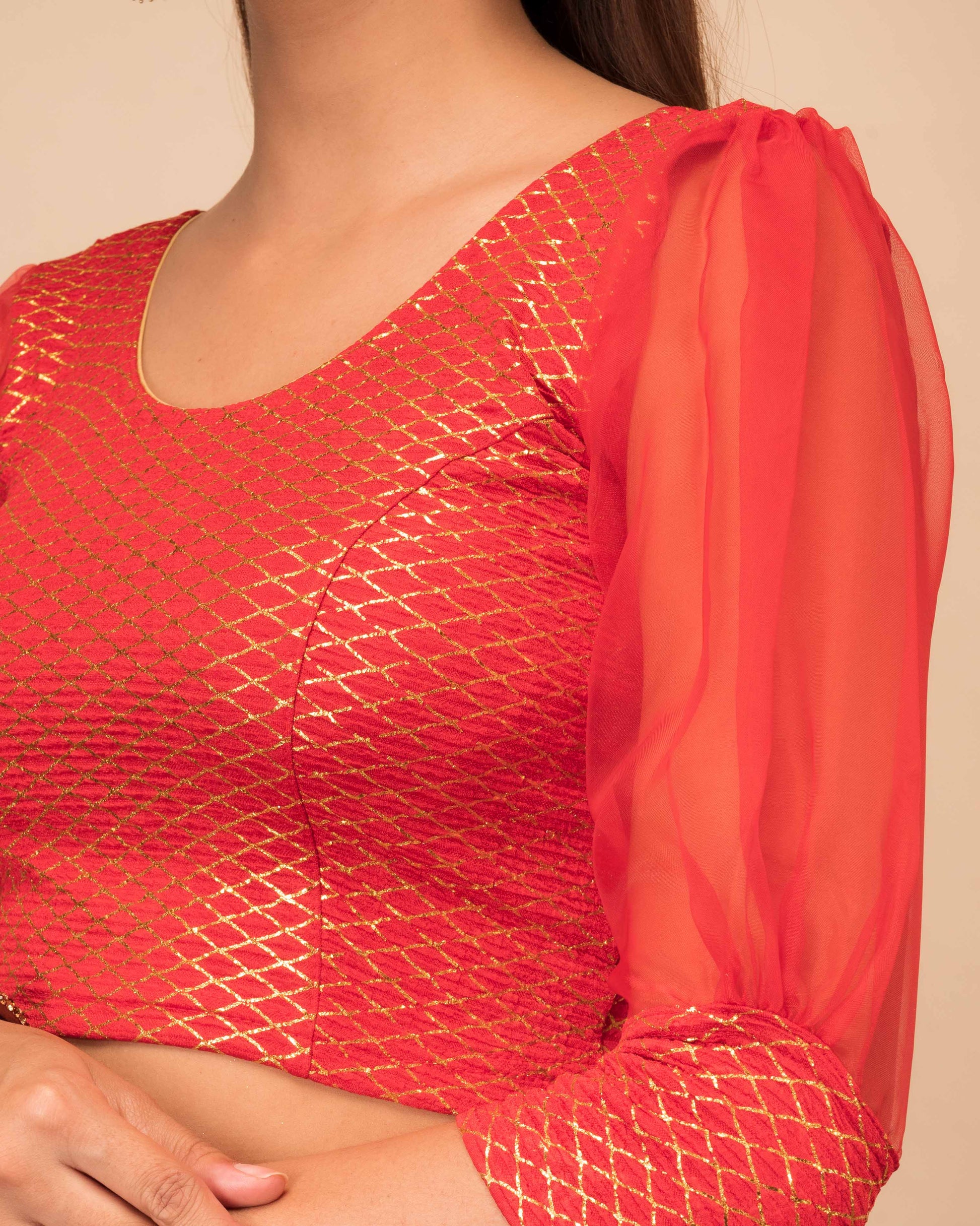  Side profile highlighting the puffed sleeves with cuffs