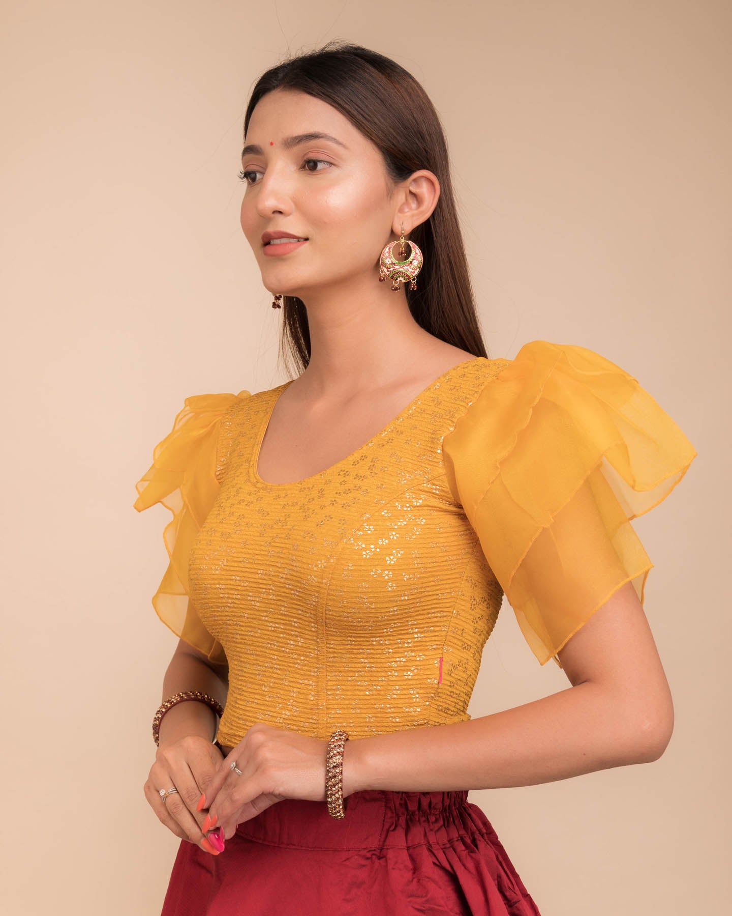 Koel Gold Flower Multi Layer Organza Frill Stretchable Slip On Blouse