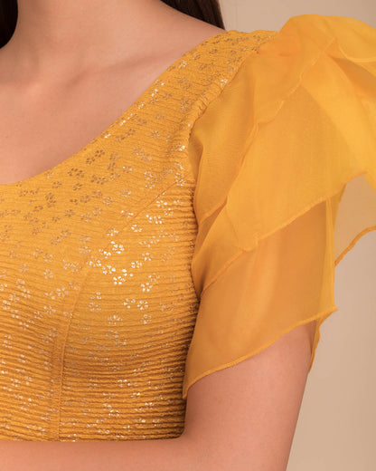 Koel Gold Flower Multi Layer Organza Frill Stretchable Slip On Blouse