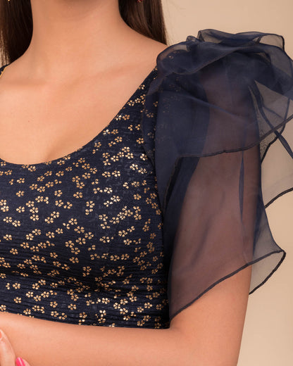 Close-up of the foil floral print on organza in lightweight stretch texture