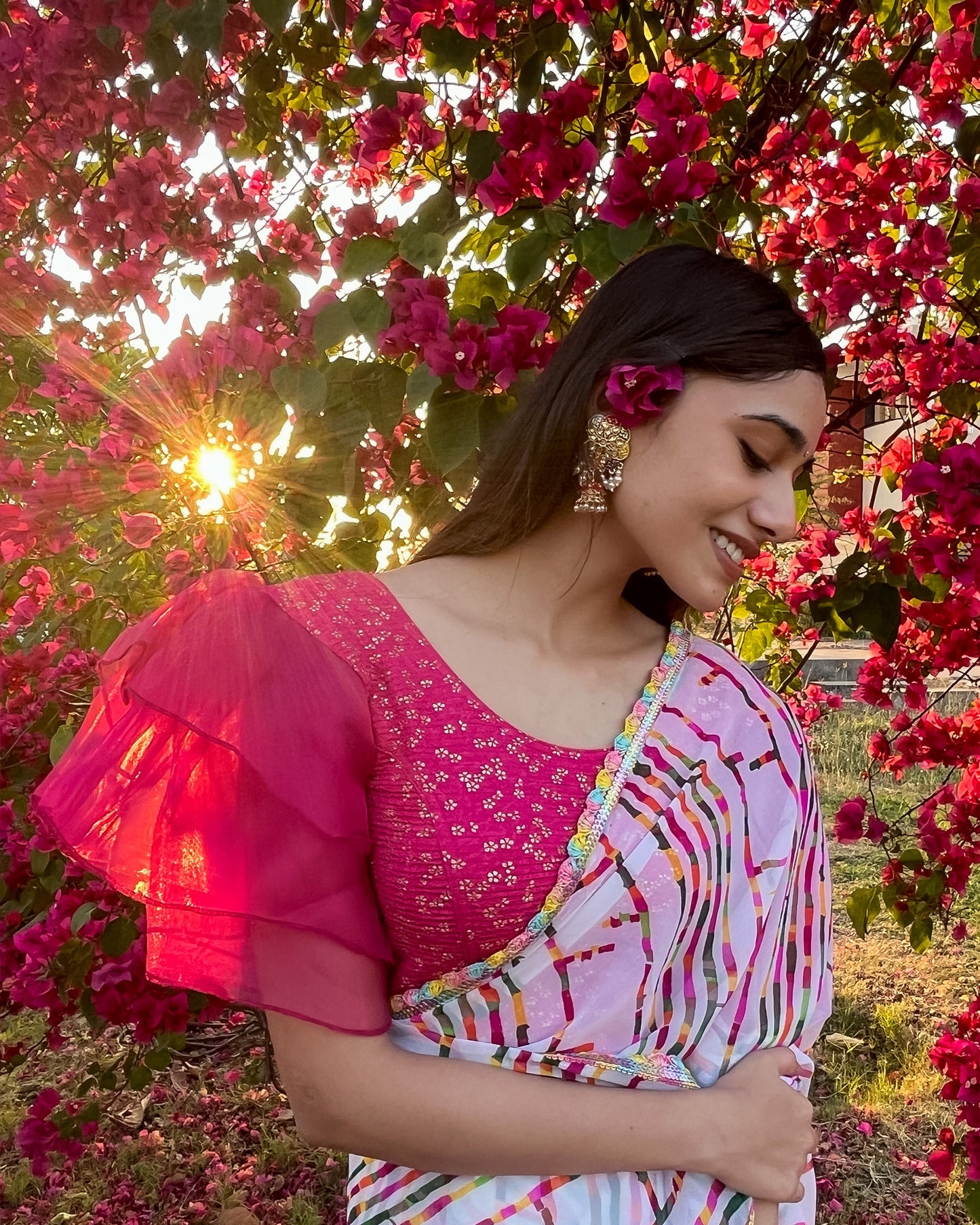 Koel Gold Flower Multi Layer Organza Frill Stretchable Slip On Blouse