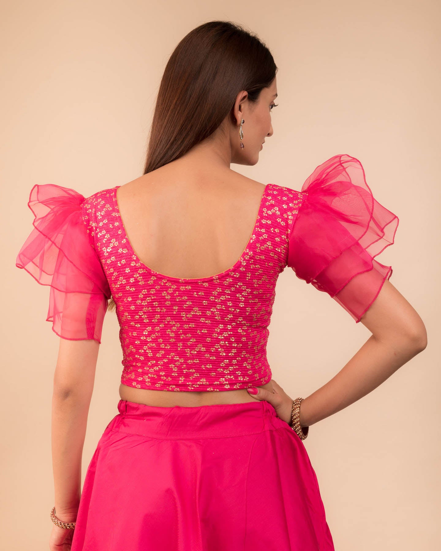 Koel Gold Flower Multi Layer Organza Frill Stretchable Slip On Blouse