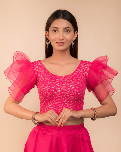Koel Gold Flower Multi Layer Organza Frill Stretchable Slip On Blouse