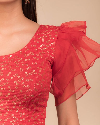 Close-up of the foil floral print on organza in lightweight stretch texture