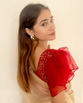 Koel Red Organza Ruffle Sleeve Blouse with Ditsy Florals and Gold Print by Advi