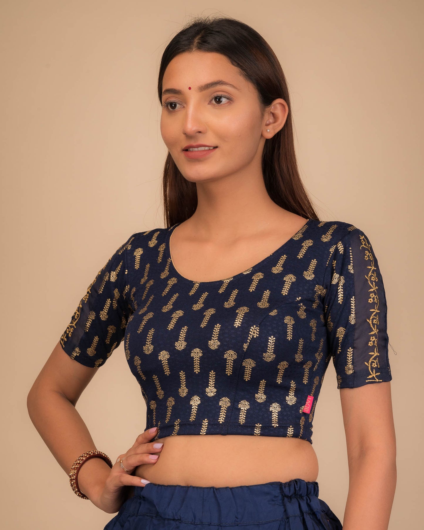 Kaashi Zari Embroidery on Metallic Gold Print Stretchable Slip On Blouse