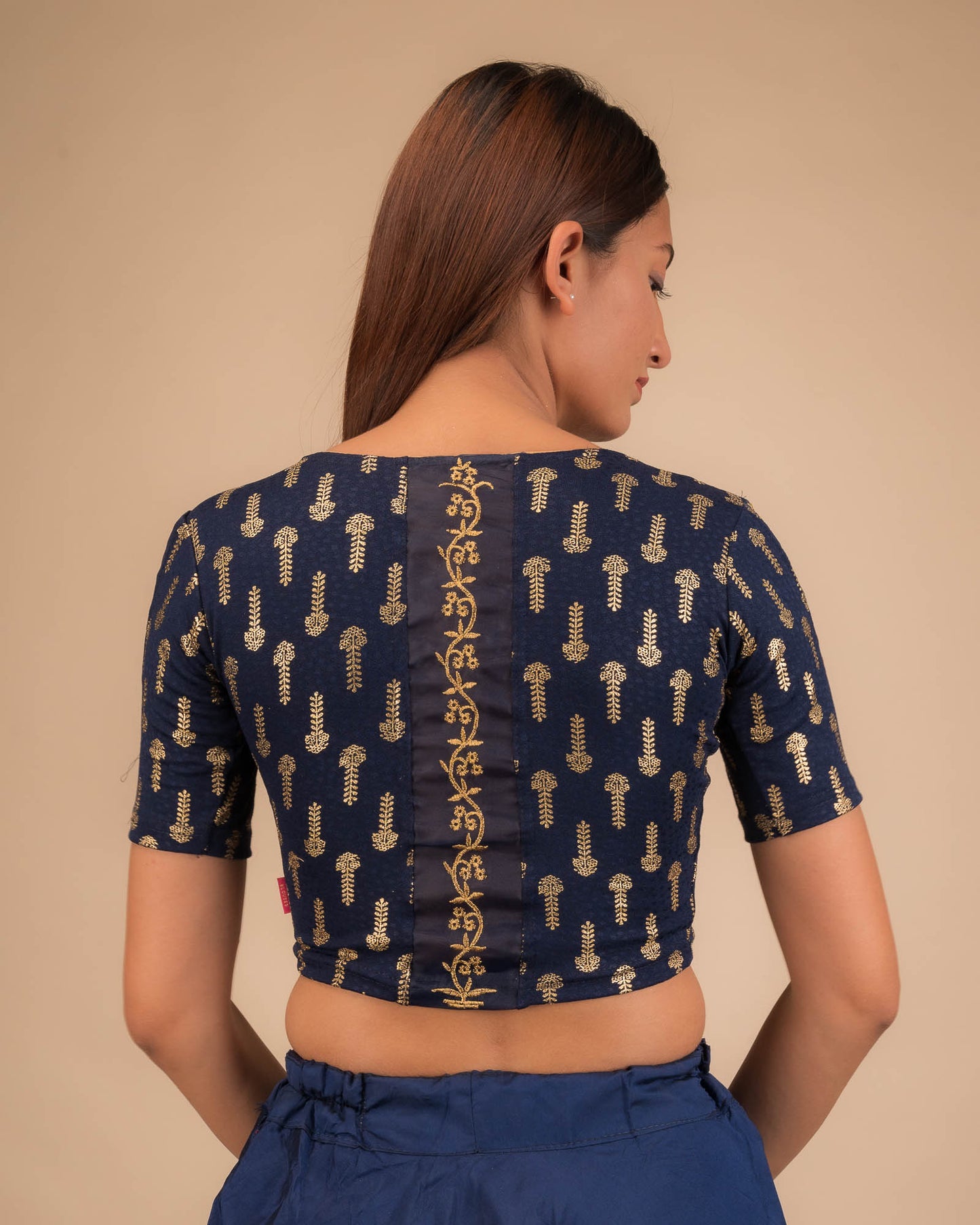 Kaashi Zari Embroidery on Metallic Gold Print Stretchable Slip On Blouse