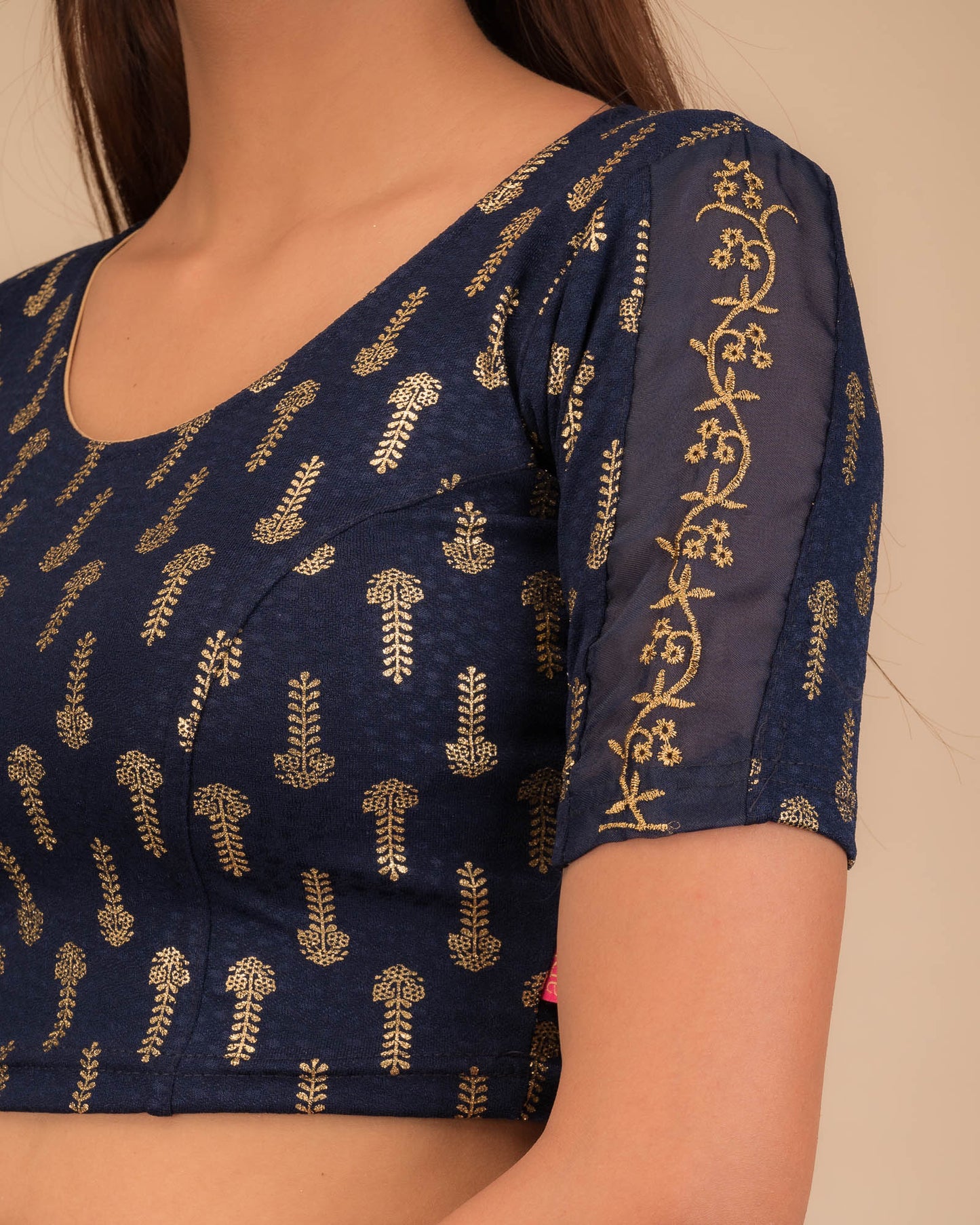 Kaashi Zari Embroidery on Metallic Gold Print Stretchable Slip On Blouse