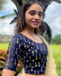 Kaashi Navy Gold Print Blouse with Zari Embroidery and Organza Sleeves by Advi
