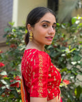 Kaashi Red Jacquard Blouse with Gold Print Embroidery and Organza Sleeves by Advi