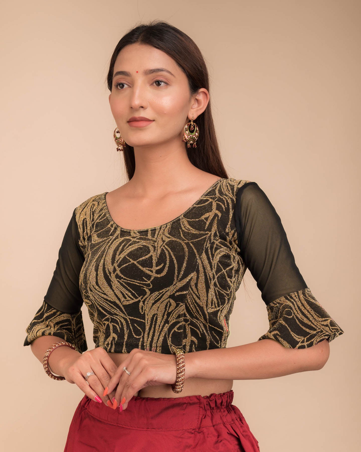 Side view highlighting the fit silhouette and sleeve length