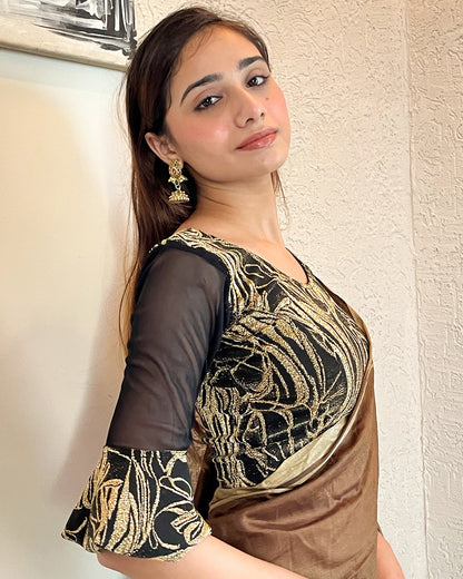 Model pairing the blouse with a saree for an elegant festive ensemble