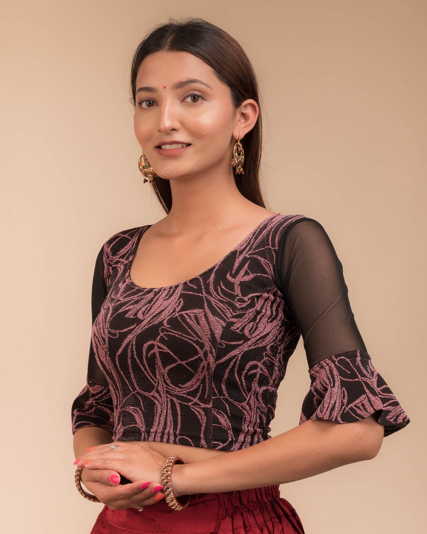 Side view highlighting the fit silhouette and sleeve length