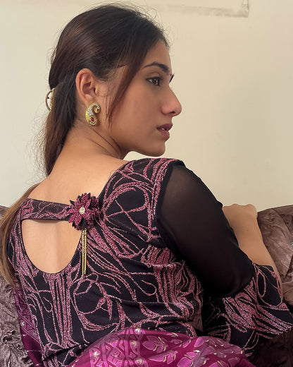 Model pairing the blouse with a saree for an elegant festive ensemble