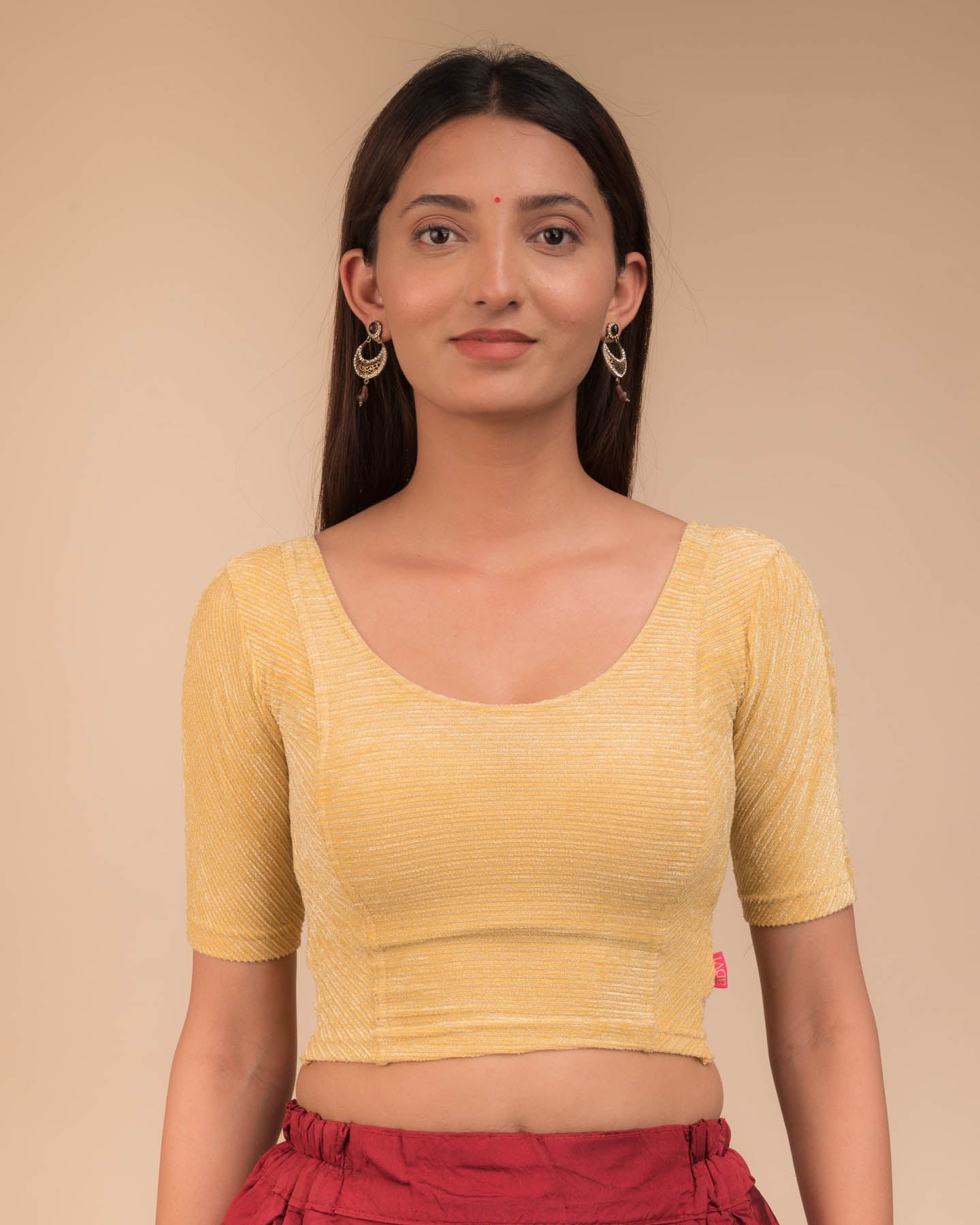 Model wearing a velvet stretchable blouse with elbow sleeves and round neckline, featuring metallic stripes.