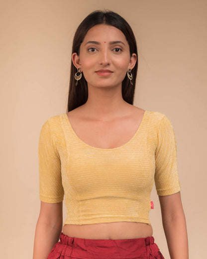 Model wearing a velvet stretchable blouse with elbow sleeves and round neckline, featuring metallic stripes.
