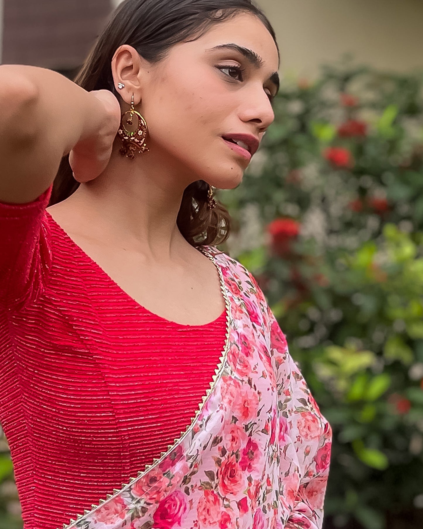 Model pairing the velvet stretchable blouse with a traditional saree, demonstrating a complete ethnic look.
