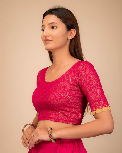 Side profile of the stretchable blouse highlighting fit and sleeve structure.