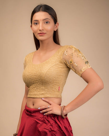 Side profile highlighting sleeve volume and fit.